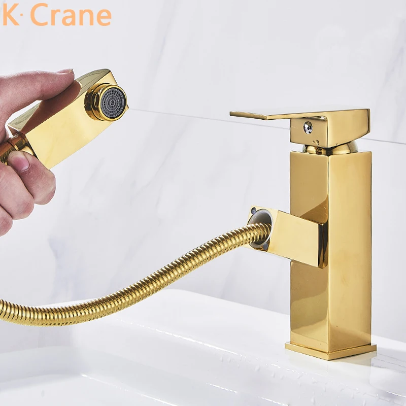 

Pull Out Faucet Bathroom Flexible Hot Cold Mixer Tap Brush Gold Bronze Grifo Modern Basin Sink Luxury Faucets Wastafel Mengkraan