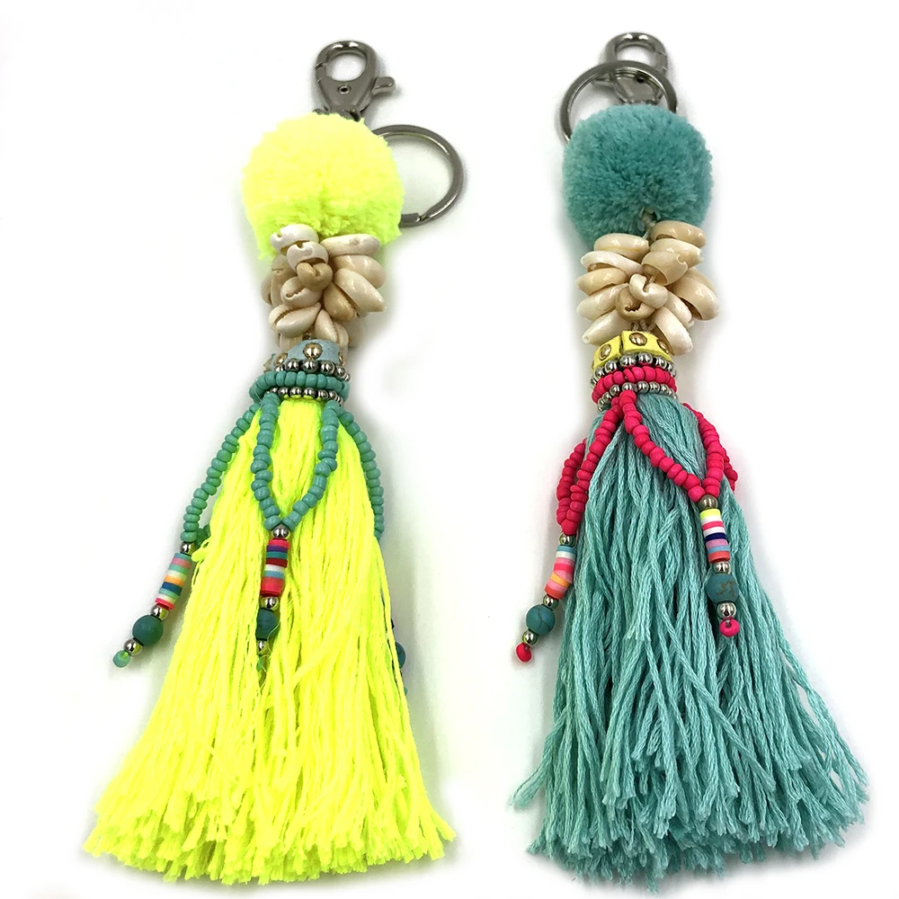 2020 New Shine pompoms Tassel pendant Keychain Boho Key Rings Bohemian Big Key Chains Cute Vintage jewelry findings bag pendants