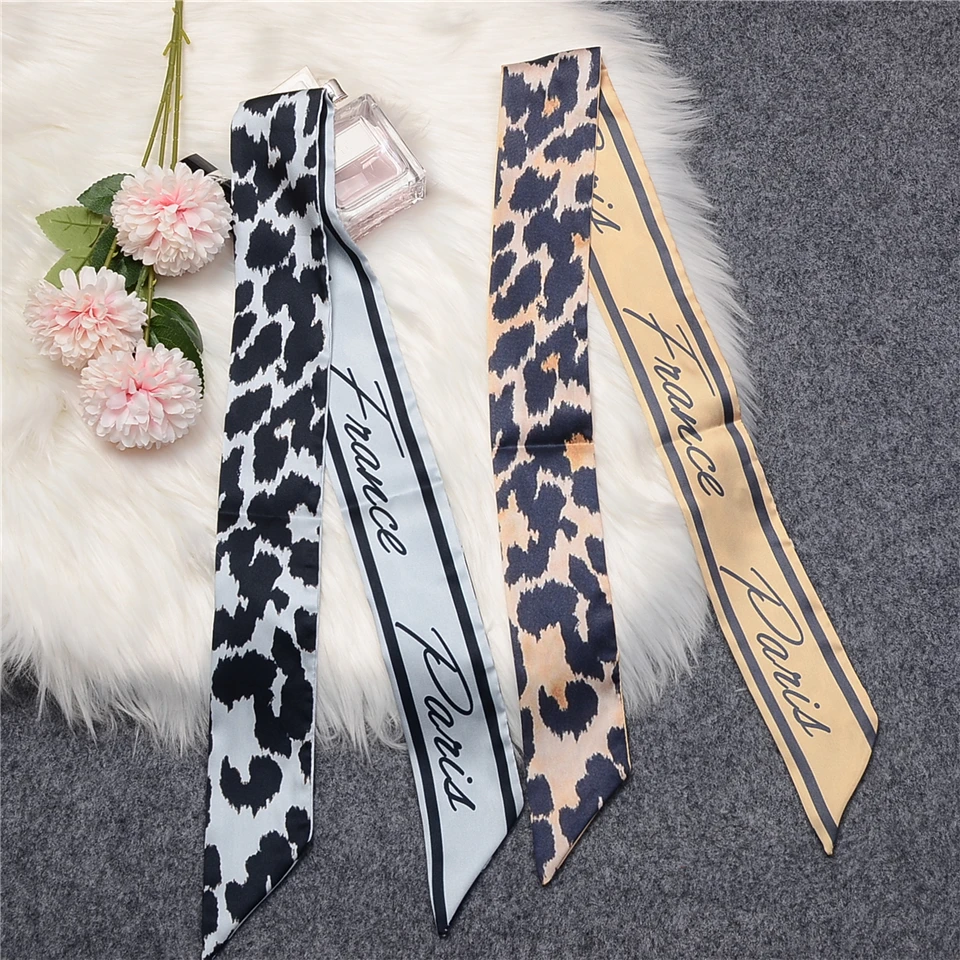 2023 Leopard Twill 100% Silk Scarf Women Brand Scarf Skinny Bag Scarves Design Wrist Towel Foulard Summer Neckerchief Headband