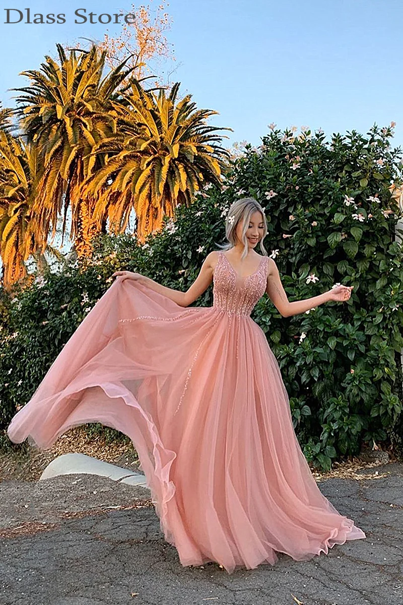 Robe de soirée en Tulle rose clair, effet d'illusion de perles, Sexy, ligne a, longueur au sol, paillettes, col en v, sans manches, robe de bal