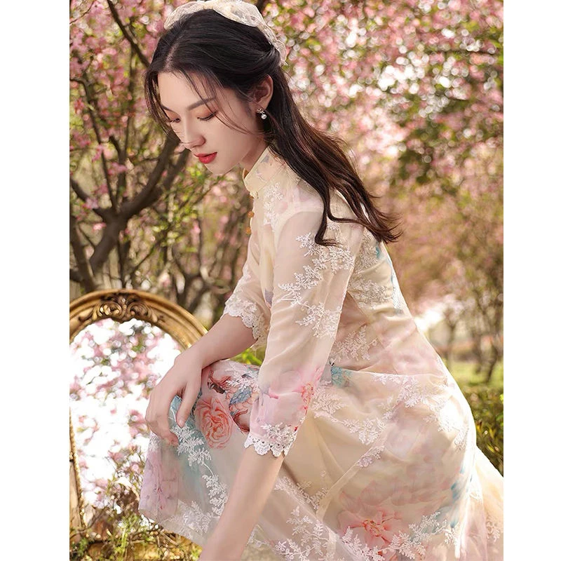 Phương Đông Áo Người Phụ Nữ Thanh Lịch Trung Quốc Qipao Sườn Xám Châu Á Đầm Hiện Đại Năm 2022 Truyền Thống Đầm Ren Hoa Vintage Đảng