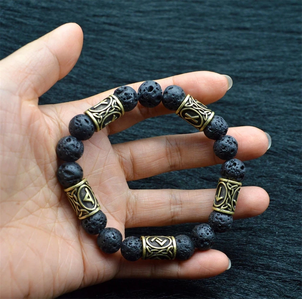 Vintage Volcano Lava Stone Beads Runes Beads Men Bracelet Viking Rune Bracelet Fashion Charm Beads Bracelet Jewelry Women Gift