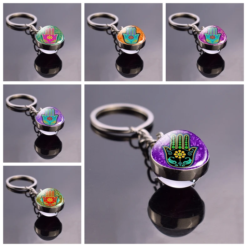 Yoga Hand of Fatima Judaica Glass Ball Keychain Hamsa Pattern Cabochon Jewelry Pendant Key Ring Creative Accessories Gifts