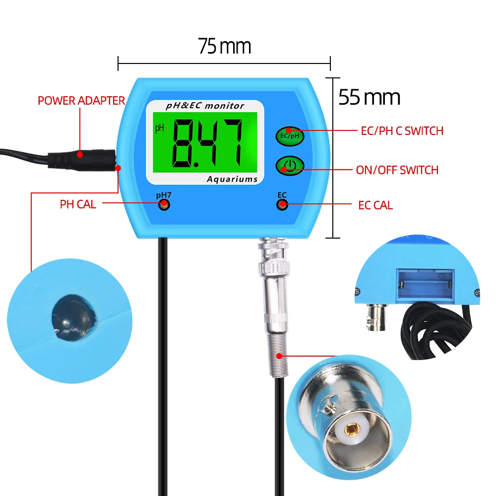 2 in 1 pH / EC Meter Water Quality Tester Multi-parameter Water Quality Monitor Acidometer for Aquarium Pool Acidbase flow meter