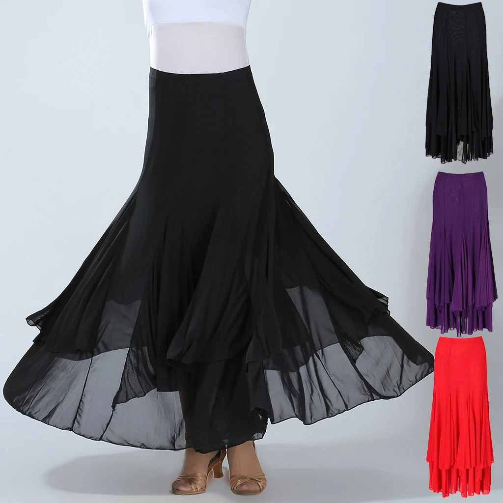 Lady Ballroom Dance Skirt valzer Flamenco Costume gonne da ballo moderne elastico in vita Big Swing abiti lunghi in tinta unita