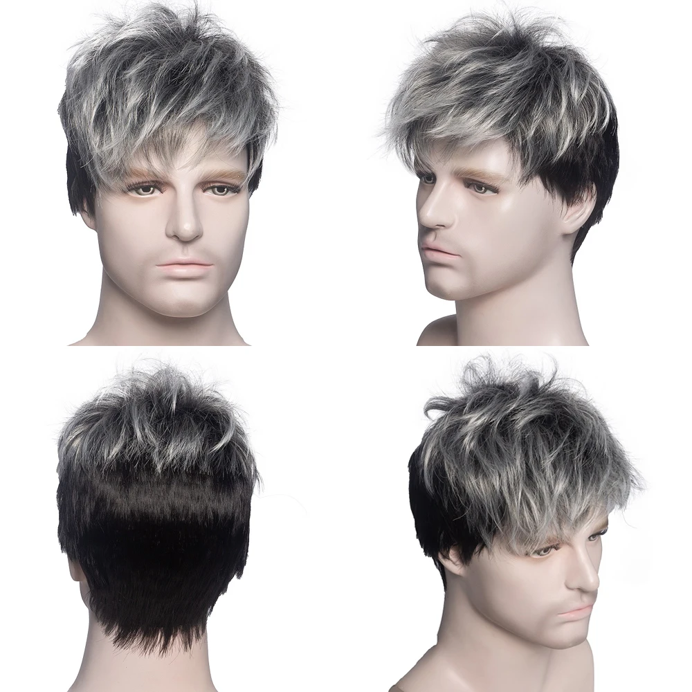 Peluca sintética rizada corta para hombres, cabello Natural realista diario, Ombre, gris y marrón