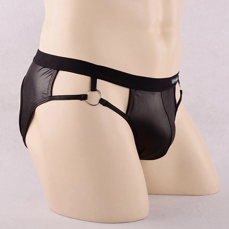 CLEVER-MENMODE Sexy Hollow Briefs Mens Penis Pouch Underwear Jockstrap Imitate PU Faux Leather Backless Mens Underwear Black