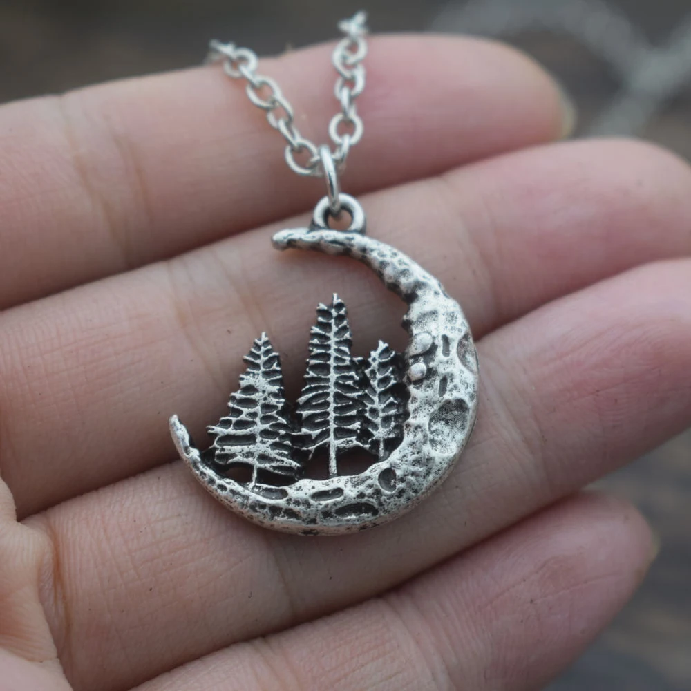 Pine Tree necklace with Crescent Moon Wanderlust Jewelry Hiking Gift for Her Forest Necklace