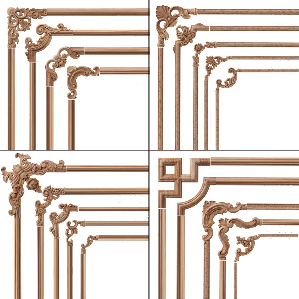 Vintage Rectangle Carving Natural Wood Appliques For Furniture Cabinet Unpainted Wooden Mouldings Decal Decoration Accessories