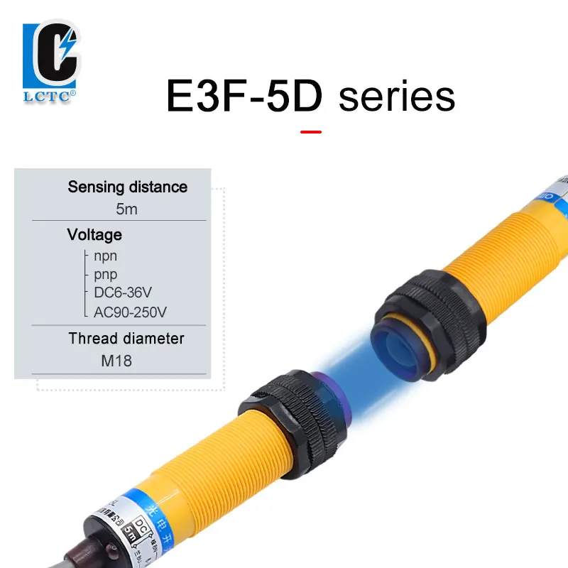 

E3F-5D, M18, laser beam, photoelectric, sensor switch, DC6-36V, detection distance 5m, AC NO/NC, NPN/PNP