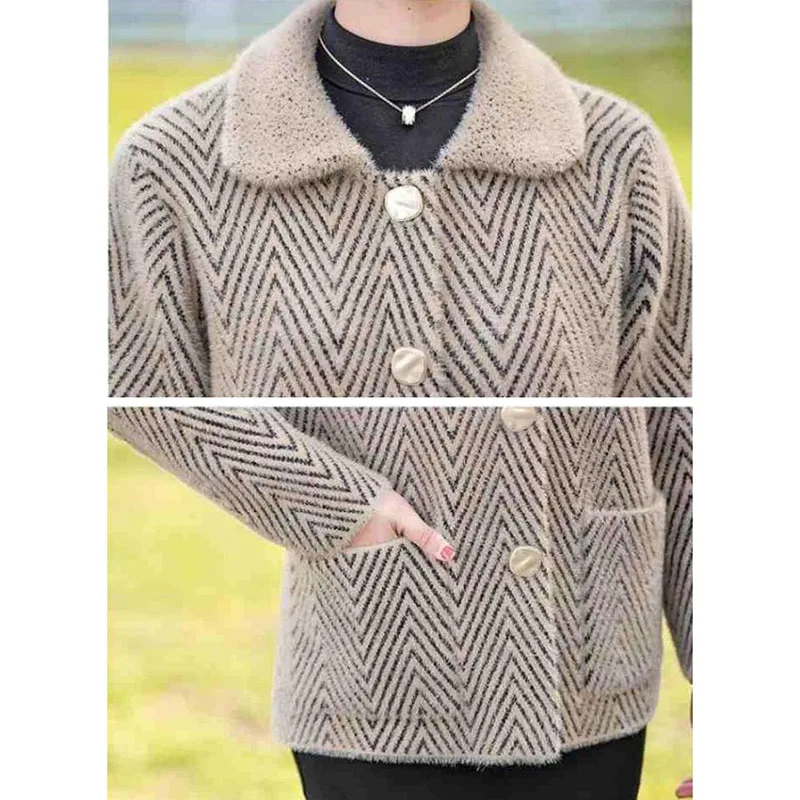 Mother Clothes Autumn Winter Imitation Mink Velvet Jacket Middle Aged Women Short Sweater Knitted Cardigan Coat Outwear4XL