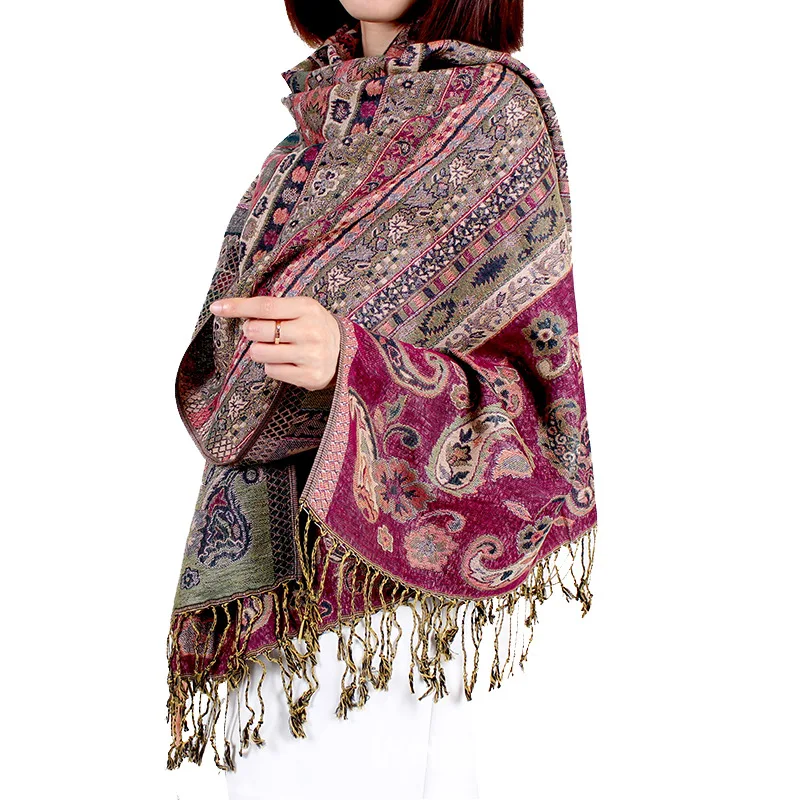 70*200cm Paisley Jacquard Scarf for Women Fringed Hijab Head Wraps Retro Cashew Print Shawl Pashmina