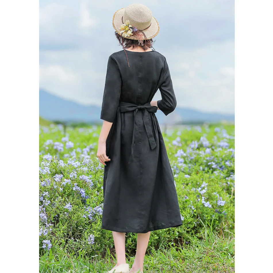 Original New Women's Clothing Linen Retro Striped Long Dress V-neck Black Dress Casual Women'S Dresses