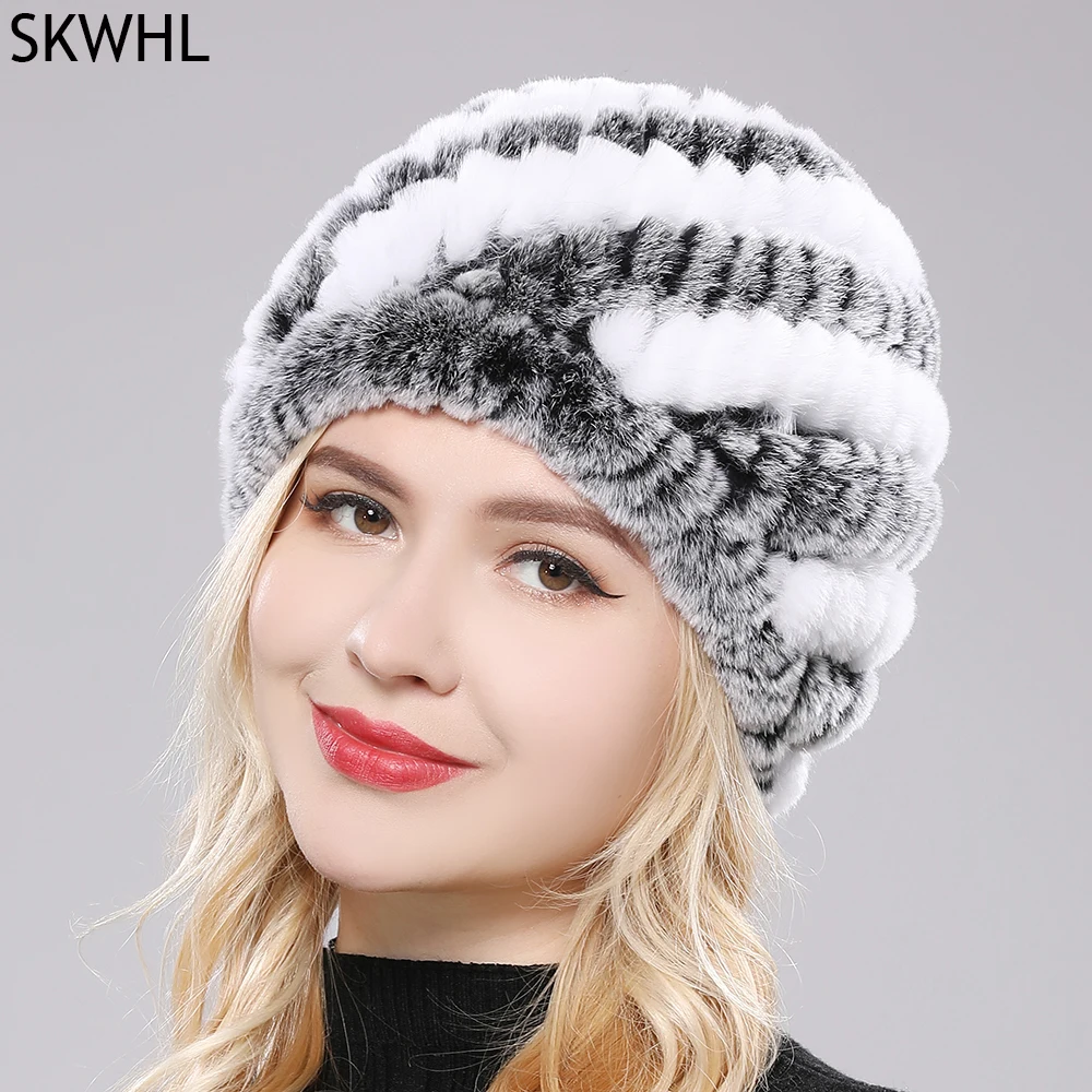 Hot Sale Lady Real Rex Rabbit Winter Fur Hat For Women Russian Real Fur Knitted Cap Headgear Winter Warm Women Hat Beanie Hats