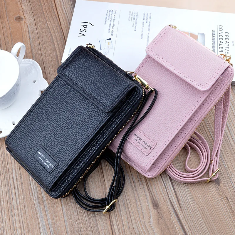 10Pcs Women Vertical Style Double Layer Zipper Leather Wallet  Hand Mobile Phone Case Should Bag