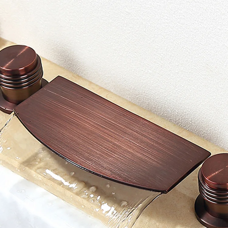 MTTUZK Oil Rubbed Bronze 3 hole Waterfall Bathtub Faucet Hot Cold Waterfall Two-hand Wheel Bathroom Basin Faucet Three-piece Set