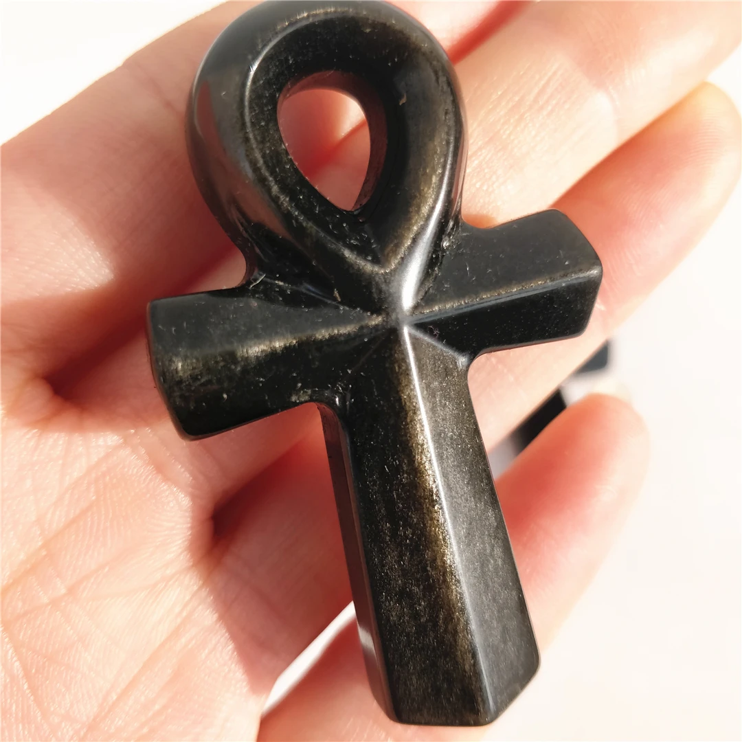 

5.5cm Natural black Golden obsidian crystal stone Egyptian Cross women's symbolic point healing reiki for gifts