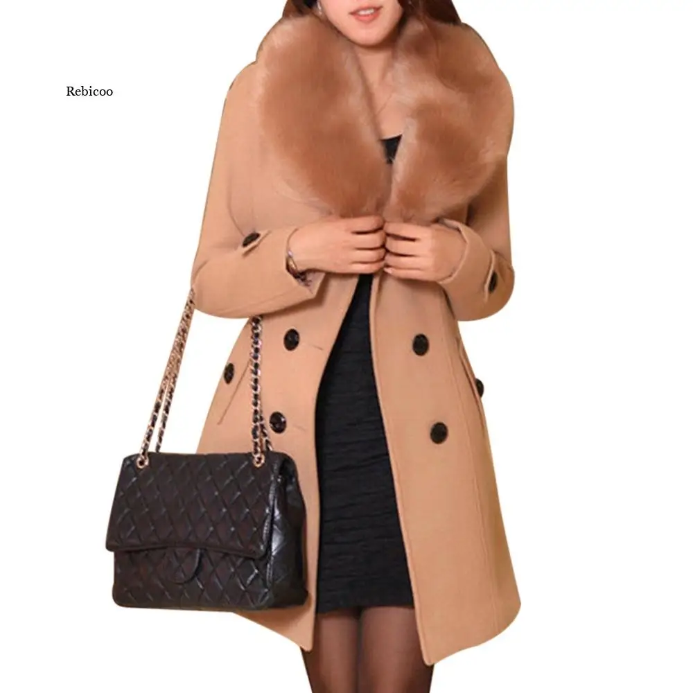 

Women Coats Wool Blends Sashes Faux Fur Collar Double Breasted Office Ladies Vintage Overcoat Winter Coat