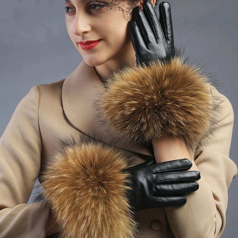 2020 New Real Raccoon Fur Gloves Leather Women\'s Gloves Fashion Luxury Big Raccoon Fur Sheepskin Genuine Leather Gloves Female