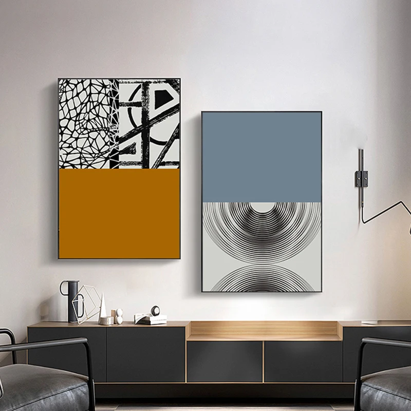 Abstract Geometric Green Orange Color Block Canvas Poster Print Black White Lines Wall Art Pictures Blue Paintings Bedroom Decor