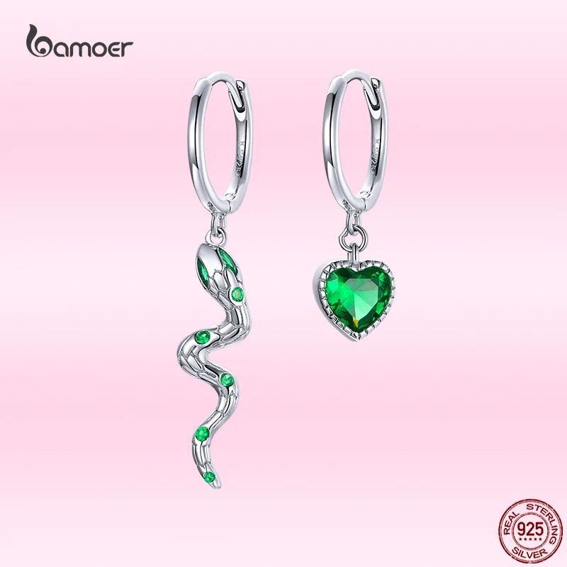 Bamoer Silver Snake Love  Earring Real 925 Sterling Silver Green Heart CZ Hoop Earrings For Women Wedding Fine Jewelry SCE1006