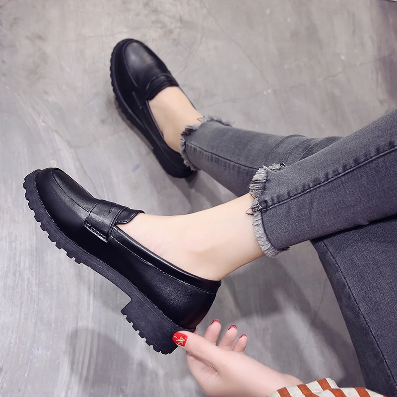 2021NewAutumn Women Shoes Female Oxfords Slip on Pu Leather Casual Shoes Woman Fashion Plus Size High Heels Platform Retro Shoes