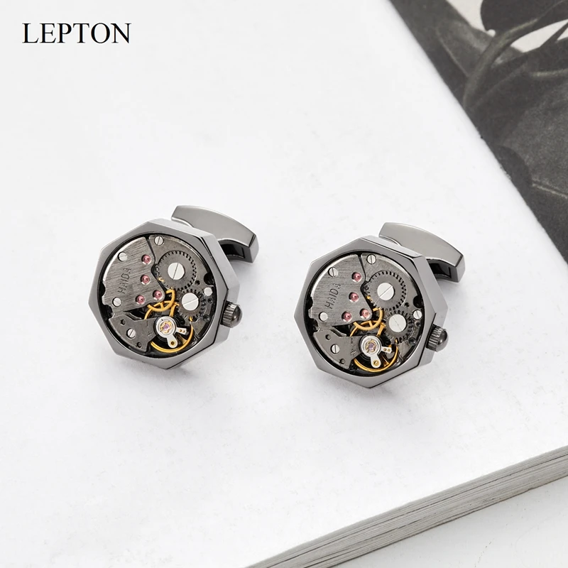 Lepton Black Watch immovable  Cufflinks Vintage Steampunk Gear Cufflink Perfect For  Father Day Wedding Groom Anniversary Gifts