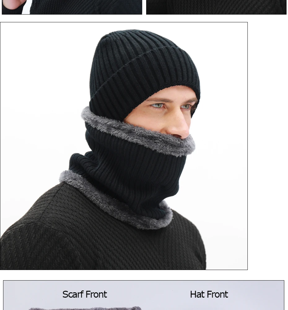 Winter herren Schal Gestrickte Hut Set Maske Warm Caps Plus Samt Dicke Mützen Für Männer Skullies Mützen Frauen Kappe mode Balaclava – Detail 8