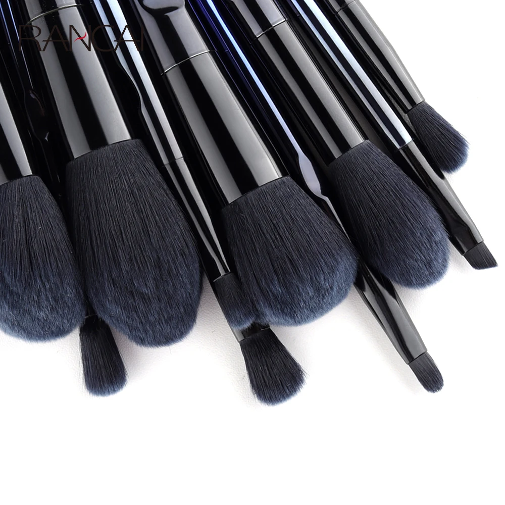 RANCAI 10 Pcs Makeup Brushes Navy Blue Premium Synthetic Hair Foundation Blending Brush Tool Powder Eyeshadow Cosmetic Set Case