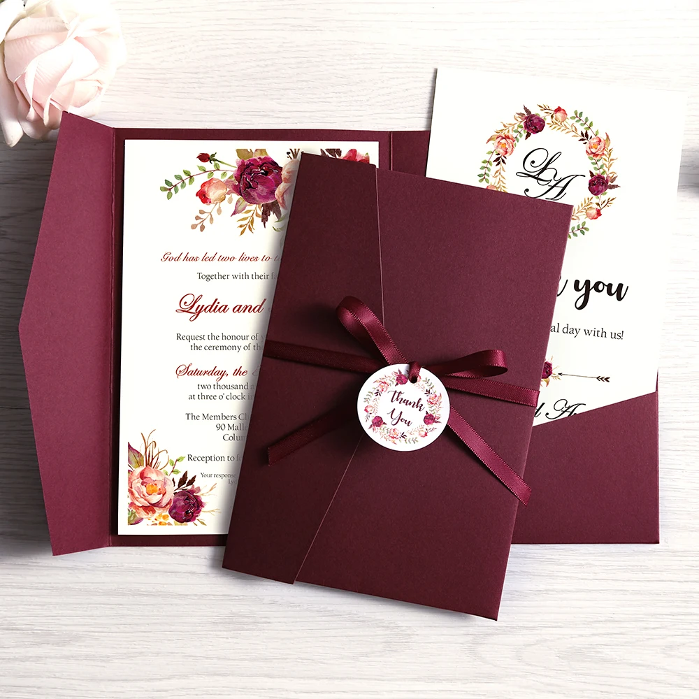 

50pcs Wedding Invitations Blue Pocket Burgundy Greeting Cards with Envelope Customized Party with Ribbon and Tag