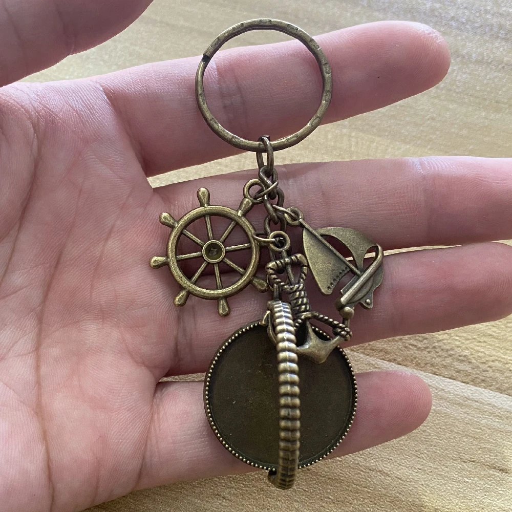 1piece Rotatable Fit 2Sides 25mm Family Photo Safe Wishes Sailor Keychain Seaman Sailboat Anchor Rudder Compass Diy Keyring