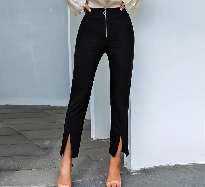 2022 pantaloni eleganti da donna Sexy a vita alta con spacco nero Slim autunno ufficio pantaloni Casual da donna pantaloni a fessura svasati neri