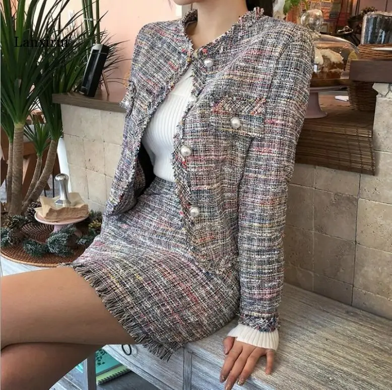 

Women Chic Vintage Style O-neck Long Sleeves Check Plaid Single Breasted Pearl Designed Tweed Jacket