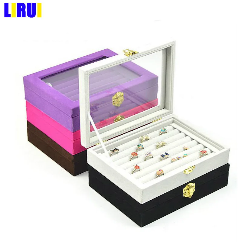 

L20*W15*H4.8cm Rings Holder Gift Packaging Box Jewellery Organizer with Clear Glass Lid Wrapped High Level Various Colors Velvet