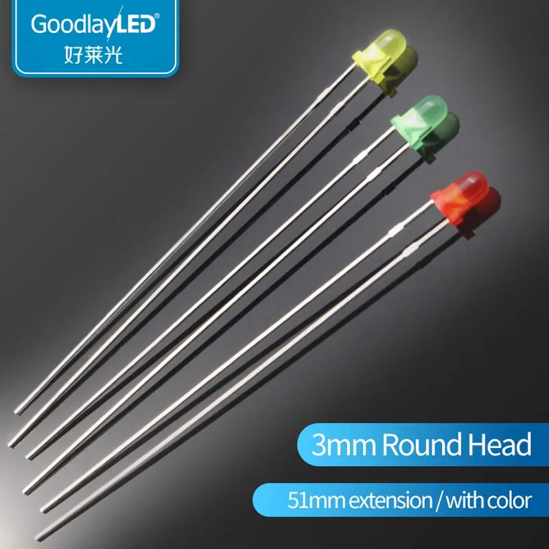 

1000pcs DIP LED 3mm Round Head With Long Legs White Light Red Blue Green Yellow Straight Plug Light-Emitting Diode 51/53MM Lamp