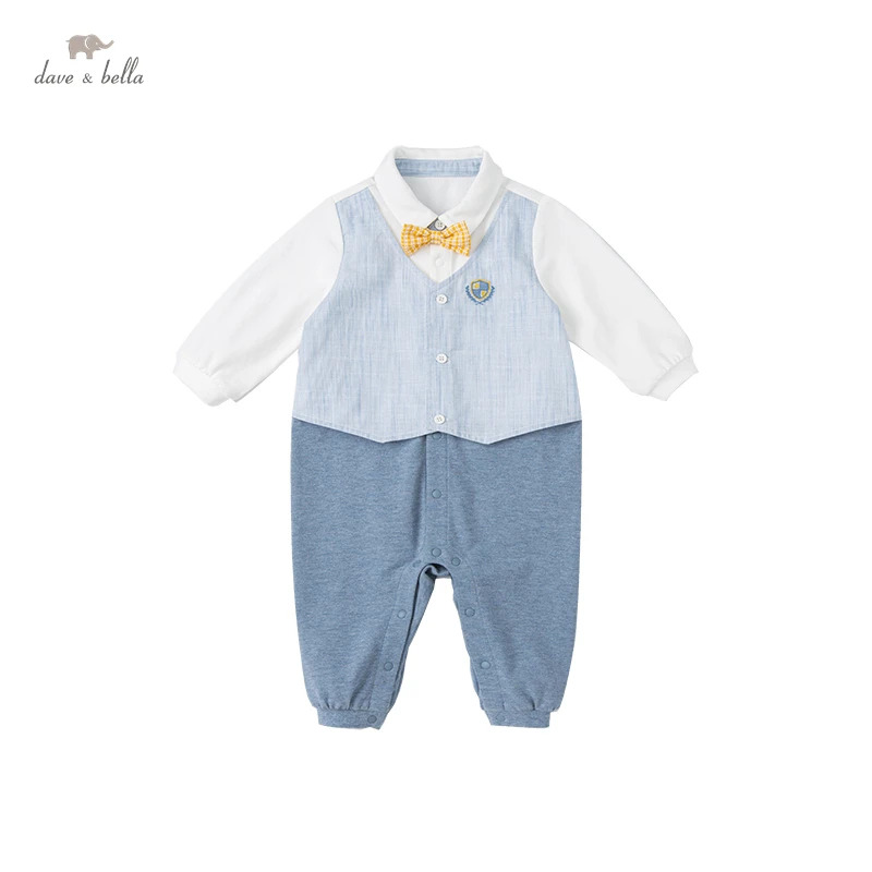 DB1220497 dave bella spring new born baby boys fashion bow patchwork jumpsuits infant toddler clothes children romper 1 piece