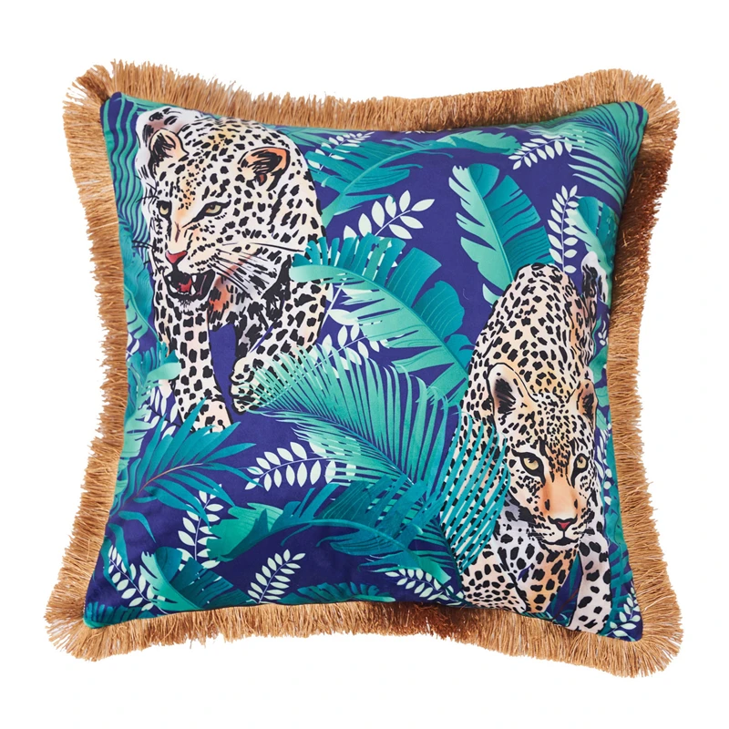 Tropical Plants Palm Leaves Velvet Cushion Cover Tassels  Animal Pattern Leopard Bird Green Pillow Case 45*45 /50*50 Home Decor