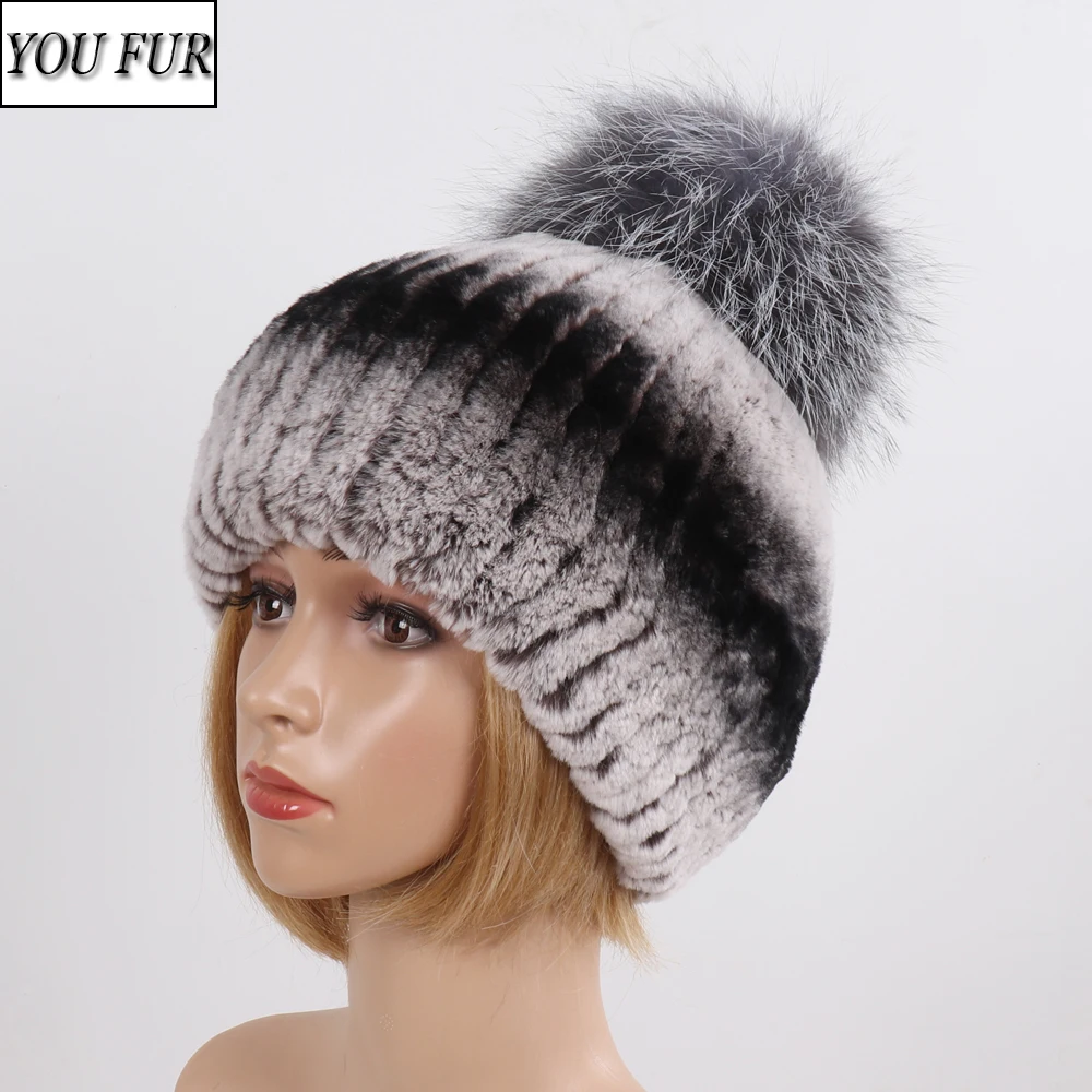 

Winter Good Elastic Big Fox Fur Pompoms Cap Luxury Knitted Women Real Rex Rabbit Fur Caps Lady Warm Fluffy 100% Genuine Fur Hats