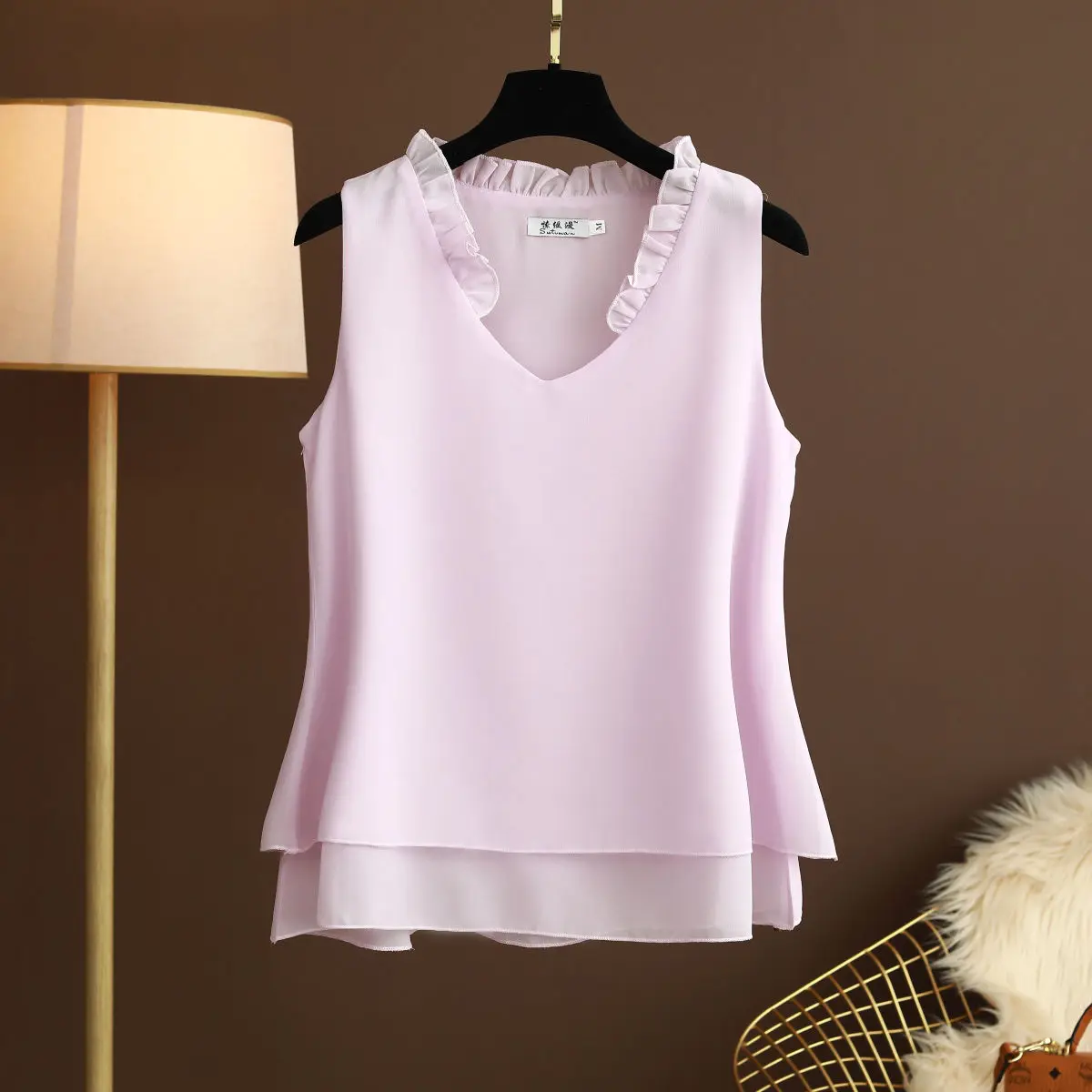 Plus Size 5XL Thin Chiffon shirt Summer sleeveless V-Neck Pink/White Blouse Loose Lace Breathable Female Tops Casual clothes