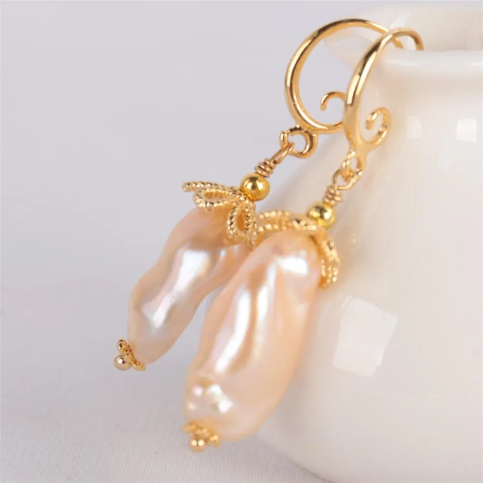 

Natural Pink Pearl Baroque Earrings Dangle 18KGP Chain Ms gift Beautiful Ear stud Diy Lucky Wedding