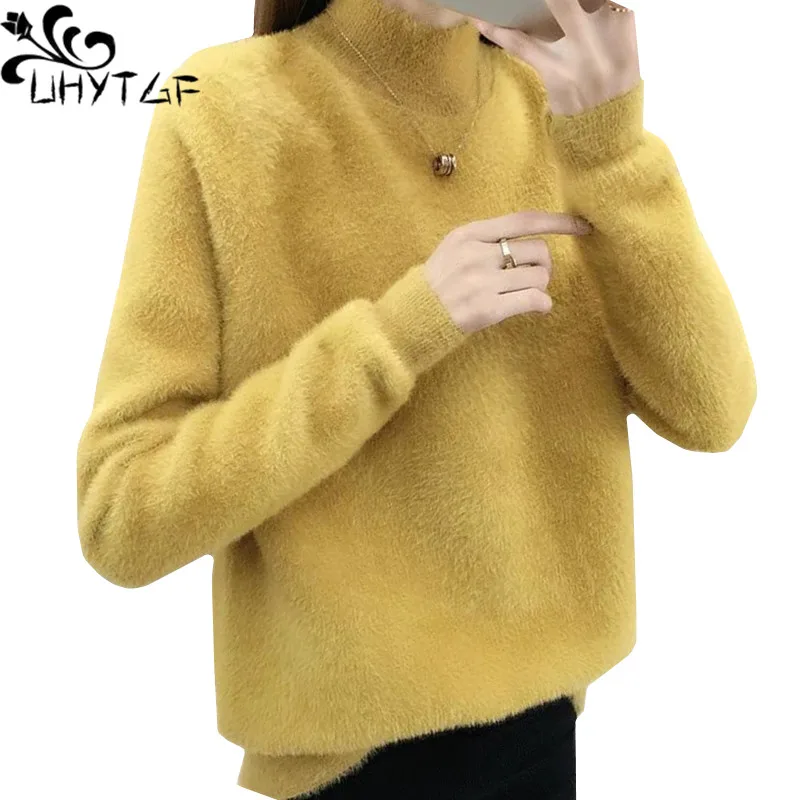 

UHYTGF Mink cashmere Autumn winter sweater women pullover knitted short sweater female elasticity Loose warm sweaters coat 622