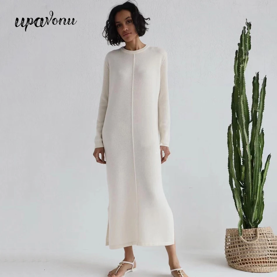 Free Shipping Casual Midi Knit Dress Women\'s O-neck Long Sleeve Split Straight Dresses 2023 New Autumn Pure Color Knit Vestidos