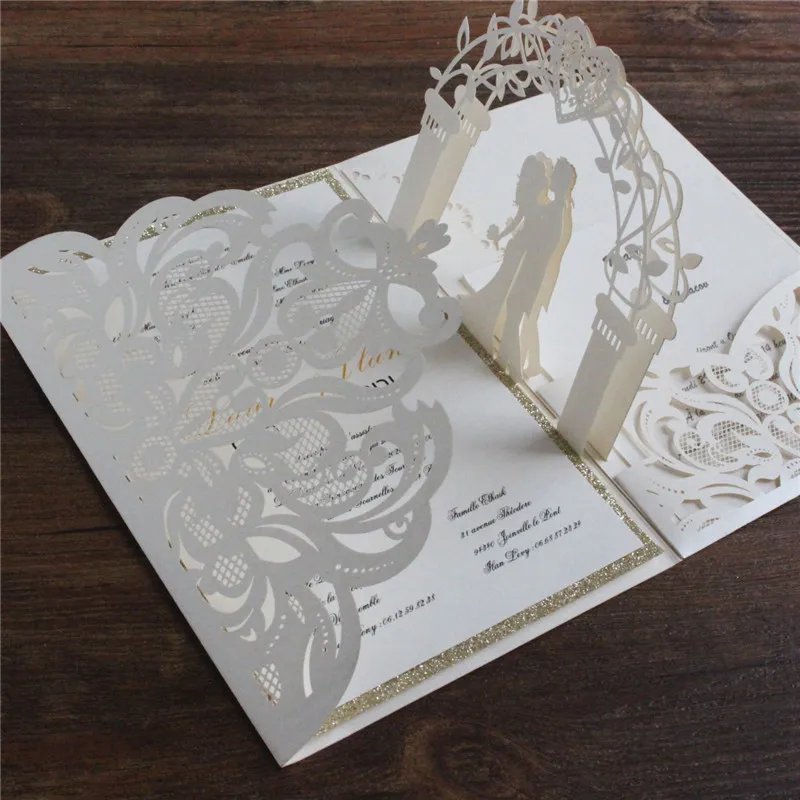 

Ivory Wedding Invitation Set Flower Fall Laser Cut Happy Wedding Day Customized Invite With Glitter Gold Border Envelop