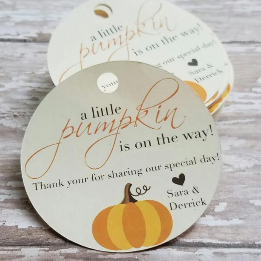 Customize any language, Fall Baby Shower, Pink Pumpkin, Pregnancy Announcement Tag, Halloween