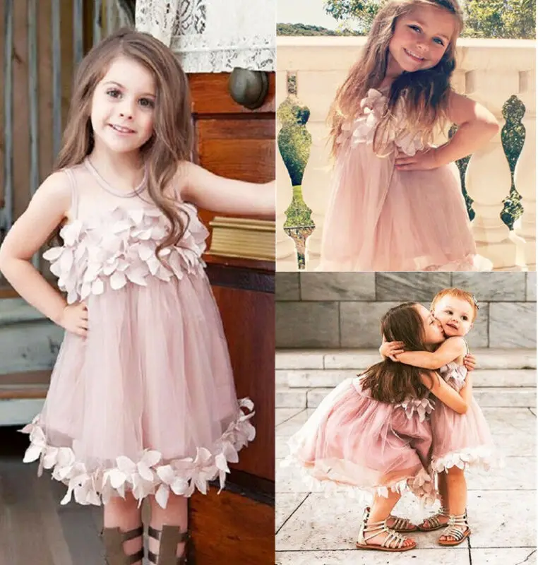 Summer Toddler Kids Baby Girl Flower Pageant Party Petal Tulle Dress Clothes Decal decoration sweet style girls Dress hot sale