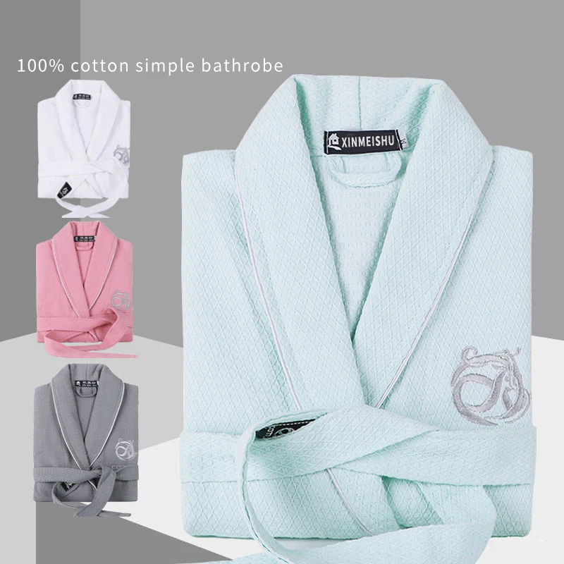 

Waffle 100% Cotton Men Bathrobe Long-sleeve Sweat Evaporate Couples Kimono Bath Robes Hotel SPA Women Robes Dressing Gown Summer