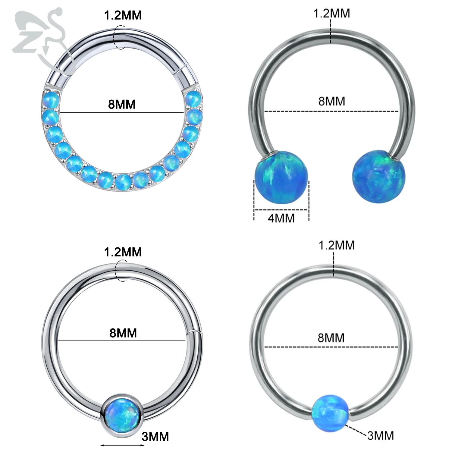 ZS 1PC Blue Opal Hoop Nose Ring For Women Men 8MM Stainless Steel Septum Clicker Ear Helix Cartilage Tragus Piercing Jewelry 16g