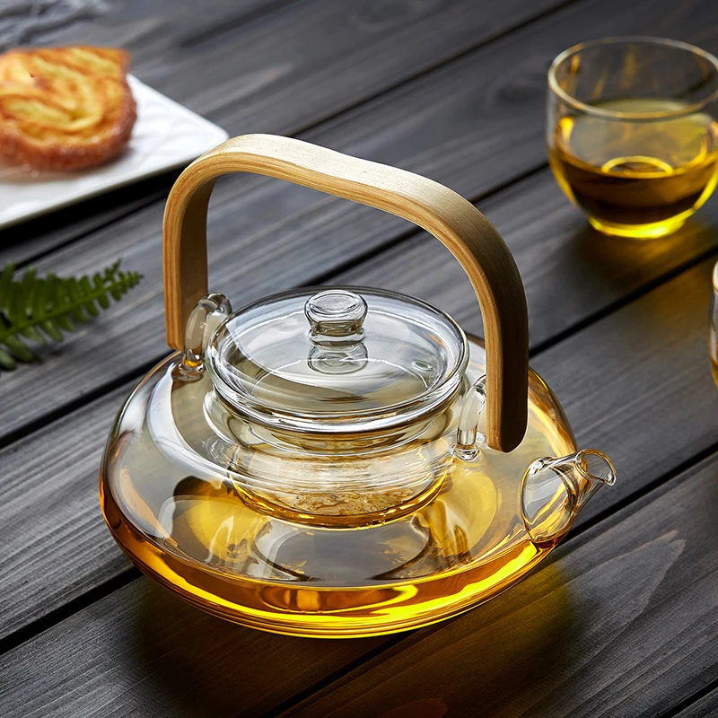 Heat-resistant glass coffee pot  Natural bamboo handle Built-in glass filter Household tea set pot Can be heated 800ml 1000ml