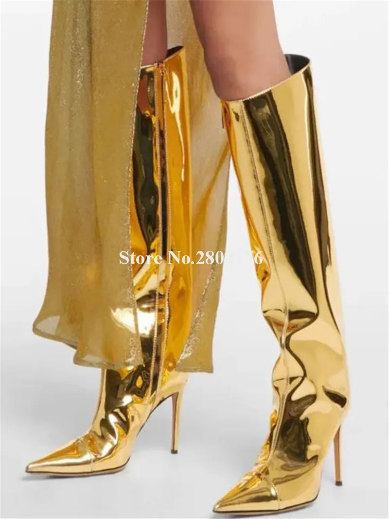 

Women Elegant Pointed Toe Knee High Stiletto Heel Gold Boots Shining Patent Leather Blue Silver Long Boots Dress Shoes
