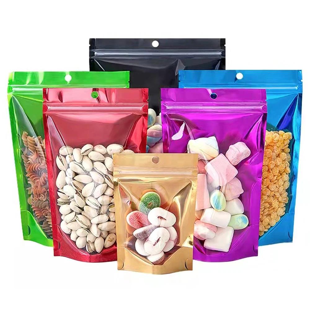 100Pcs Clear Colorful Aluminum Foil Zip Lock Stand Up Bag with Hang Hole Self Grip Seal Tear Notch Doypack Food Storage Pouches